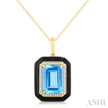 14x10 MM Emerald Cut Blue Topaz and 1/5 Ctw Round Cut Diamond Halo & Black Enamel Border Semi-Precious Pendant With Chain in 14K Yellow Gold